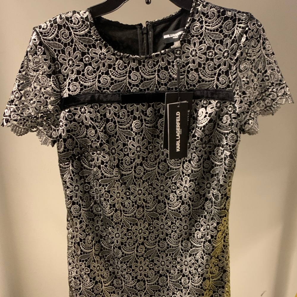 Karl Lagerfeld Paris Metallic Lace Cocktail Dress - Picture 6 of 8